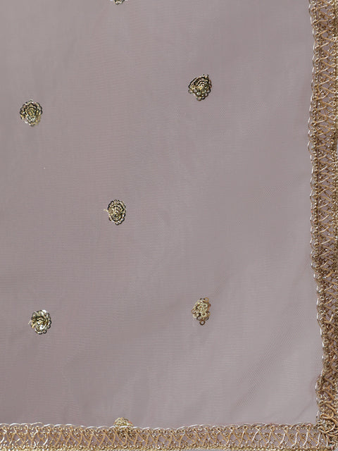 Wome Taupe Embroidered Flared Dress With Net Dupatta