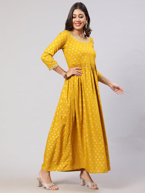 Women Yellow Embroidered Flared Dress With Scalloped Dupatta