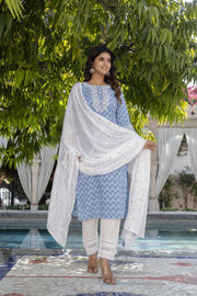 Women Blue Embroidered Straight Kurta With Trouser And Dupatta