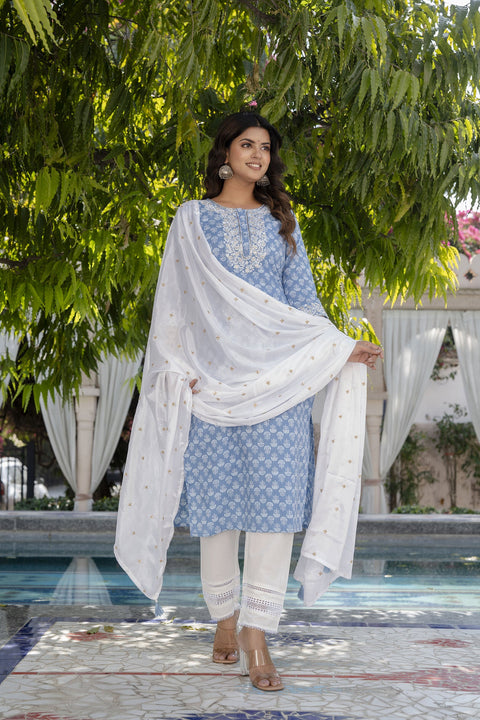 Women Blue Embroidered Straight Kurta With Trouser And Dupatta