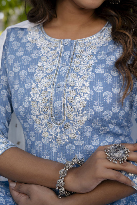 Women Blue Embroidered Straight Kurta With Trouser And Dupatta