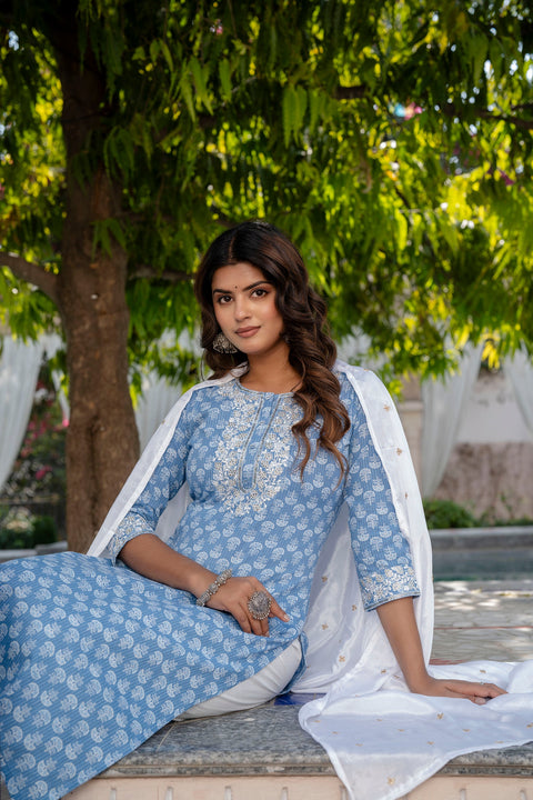 Women Blue Embroidered Straight Kurta With Trouser And Dupatta