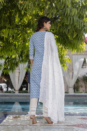 Women Blue Embroidered Straight Kurta With Trouser And Dupatta
