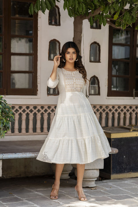Women Off White Embroidered Gathered Dress