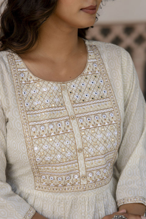 Women Off White Embroidered Gathered Dress