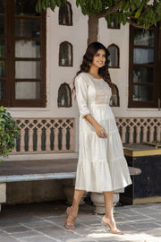 Women Off White Embroidered Gathered Dress