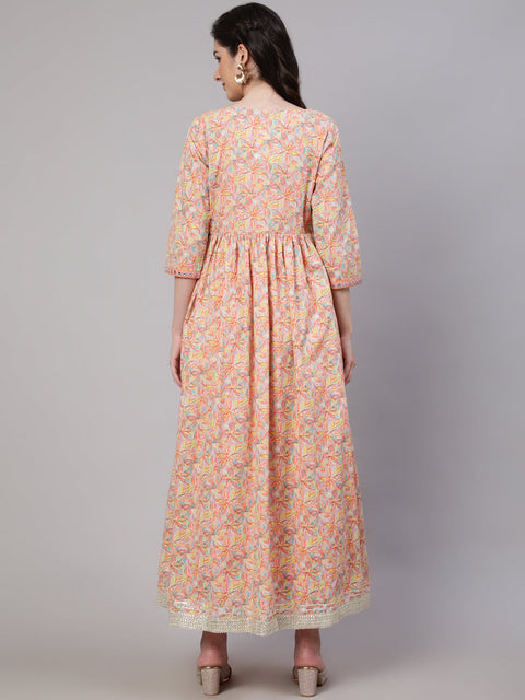 Women Peach Striped Flared Dress With Embroidered Jacket