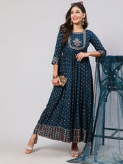 Women Teal Floral Printed Flared Dress With Scalloped Dupatta