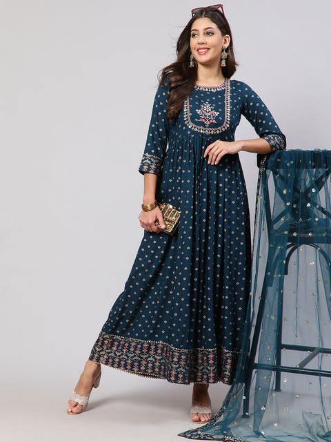 Women Teal Floral Printed Flared Dress With Scalloped Dupatta