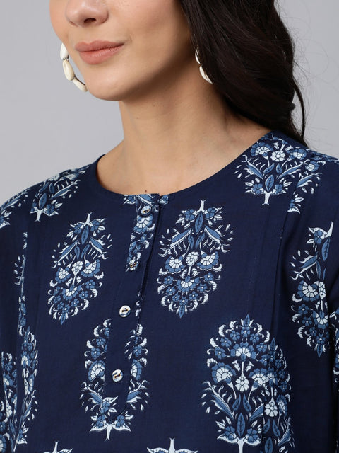Women Blue Indigo Printed Maternity Dress With Three Quarter Sleeves