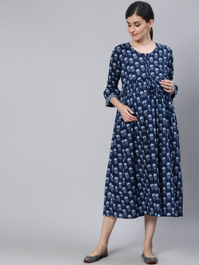 Women Blue Floral Printed Maternity Dress With Three Quarter Sleeves