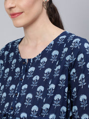 Women Blue Floral Printed Maternity Dress With Three Quarter Sleeves