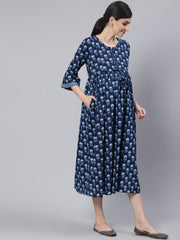 Women Blue Floral Printed Maternity Dress With Three Quarter Sleeves