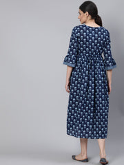 Women Blue Floral Printed Maternity Dress With Three Quarter Sleeves