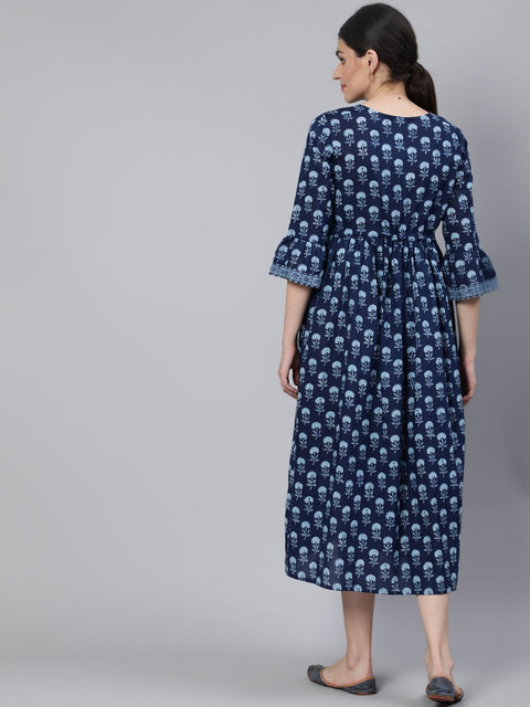 Women Blue Floral Printed Maternity Dress With Three Quarter Sleeves