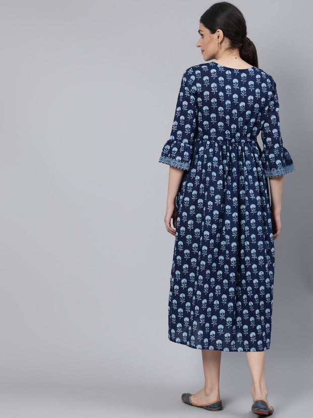 Women Blue Floral Printed Maternity Dress With Three Quarter Sleeves