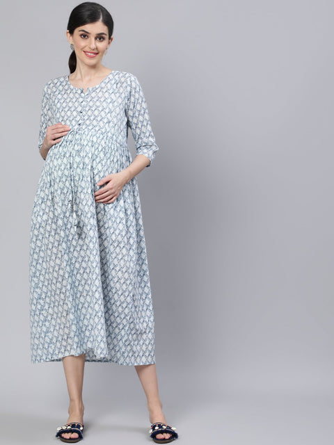Women Off White & Blue Floral Printed Maternity Dress With Three Quarter Sleeves