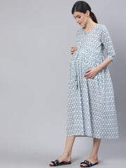 Women Off White & Blue Floral Printed Maternity Dress With Three Quarter Sleeves