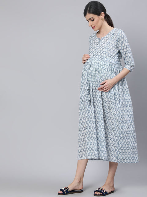Women Off White & Blue Floral Printed Maternity Dress With Three Quarter Sleeves