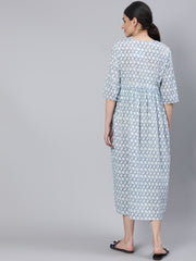 Women Off White & Blue Floral Printed Maternity Dress With Three Quarter Sleeves