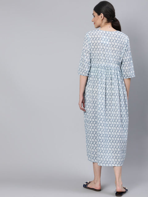 Women Off White & Blue Floral Printed Maternity Dress With Three Quarter Sleeves