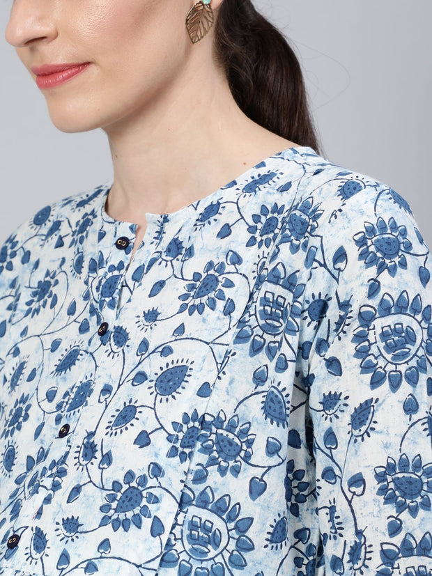 Women Off White & Blue Floral Printed Maternity Dress With Three Quarter Sleeves