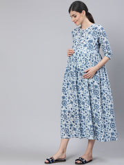 Women Off White & Blue Floral Printed Maternity Dress With Three Quarter Sleeves