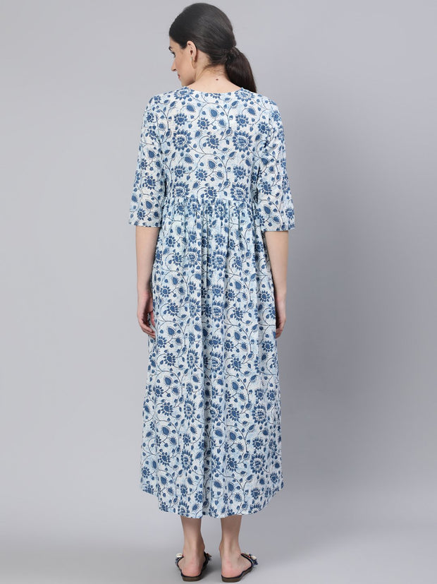 Women Off White & Blue Floral Printed Maternity Dress With Three Quarter Sleeves