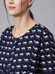 Women Navy Blue Ethinc Printed Flared Maternity Dress