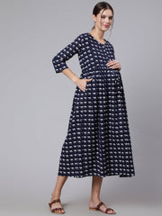 Women Navy Blue Ethinc Printed Flared Maternity Dress