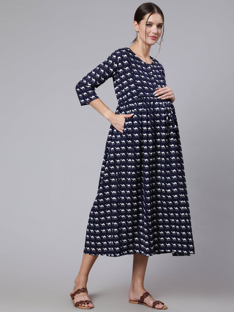 Women Navy Blue Ethinc Printed Flared Maternity Dress