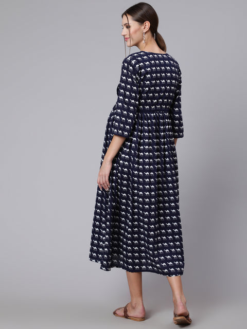 Women Navy Blue Ethinc Printed Flared Maternity Dress
