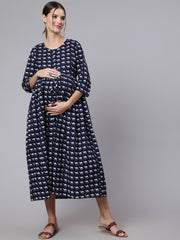 Women Navy Blue Ethinc Printed Flared Maternity Dress