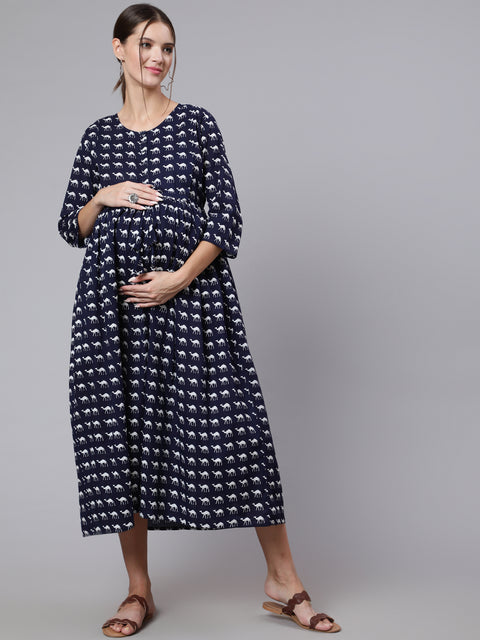 Women Navy Blue Ethinc Printed Flared Maternity Dress