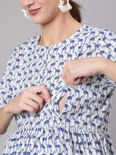 Women White And Blue Animal Printed Flared Maternity Dress