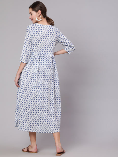 Women White And Blue Animal Printed Flared Maternity Dress