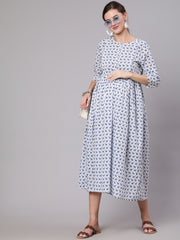 Women White And Blue Animal Printed Flared Maternity Dress