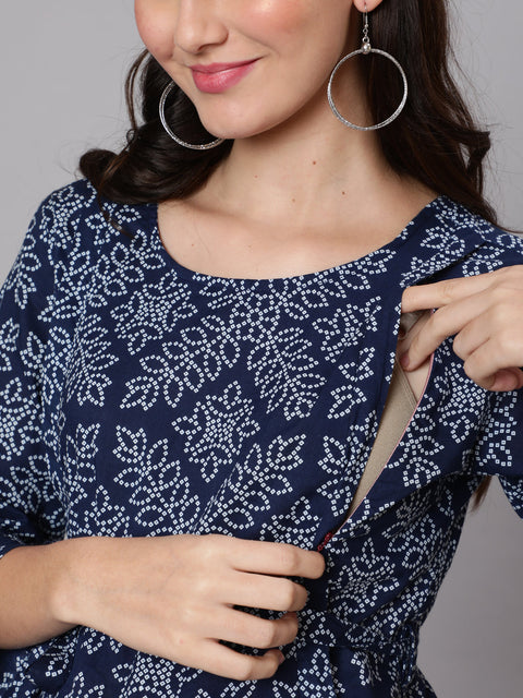 Women Navy Blue Ethnic Printed Maternity Dress