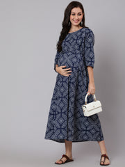 Women Navy Blue Ethnic Printed Maternity Dress