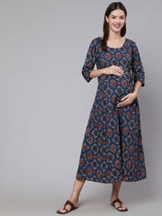 Women Navy Blue Ethinc Printed Flared Maternity Dress