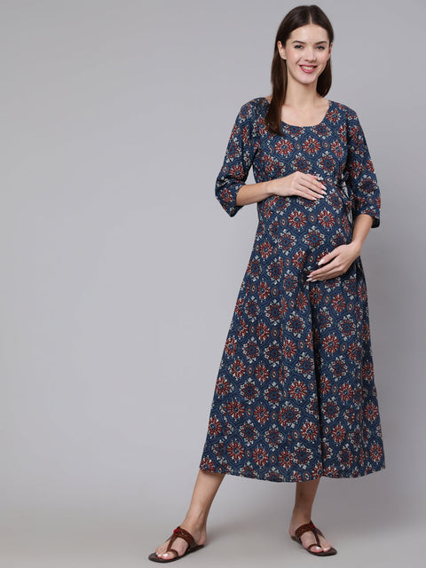 Women Navy Blue Ethinc Printed Flared Maternity Dress