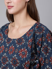 Women Navy Blue Ethinc Printed Flared Maternity Dress