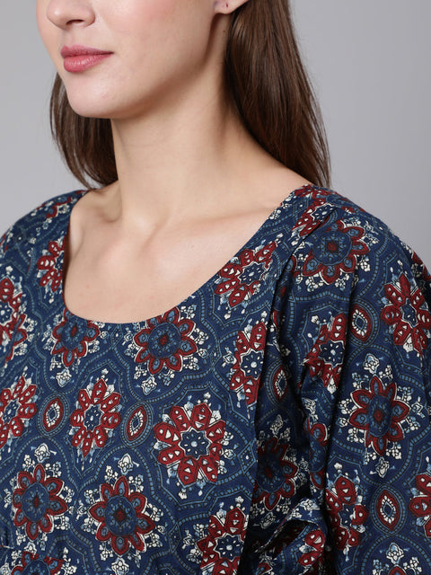 Women Navy Blue Ethinc Printed Flared Maternity Dress