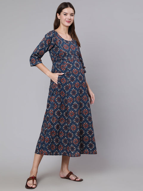 Women Navy Blue Ethinc Printed Flared Maternity Dress