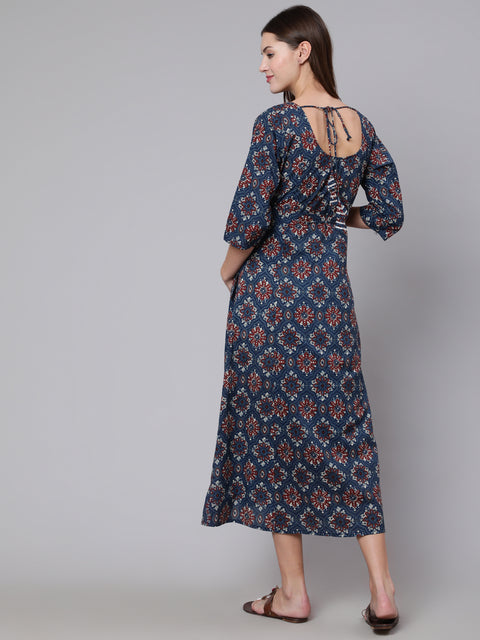 Women Navy Blue Ethinc Printed Flared Maternity Dress
