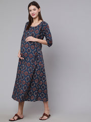 Women Navy Blue Ethinc Printed Flared Maternity Dress