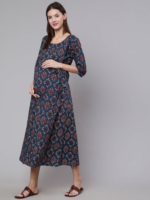 Women Navy Blue Ethinc Printed Flared Maternity Dress