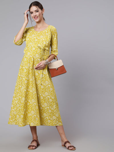 Women Green Ethnic Printrted Maternity Dress With Three quarter Sleeves