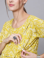 Women Green Ethnic Printrted Maternity Dress With Three quarter Sleeves