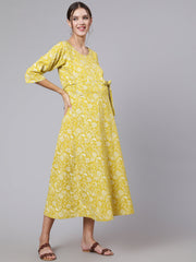 Women Green Ethnic Printrted Maternity Dress With Three quarter Sleeves